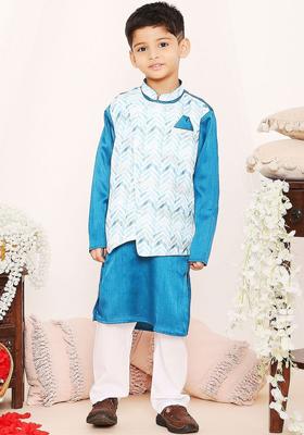 Blue Woven Design Silk Kurta Set For Boys