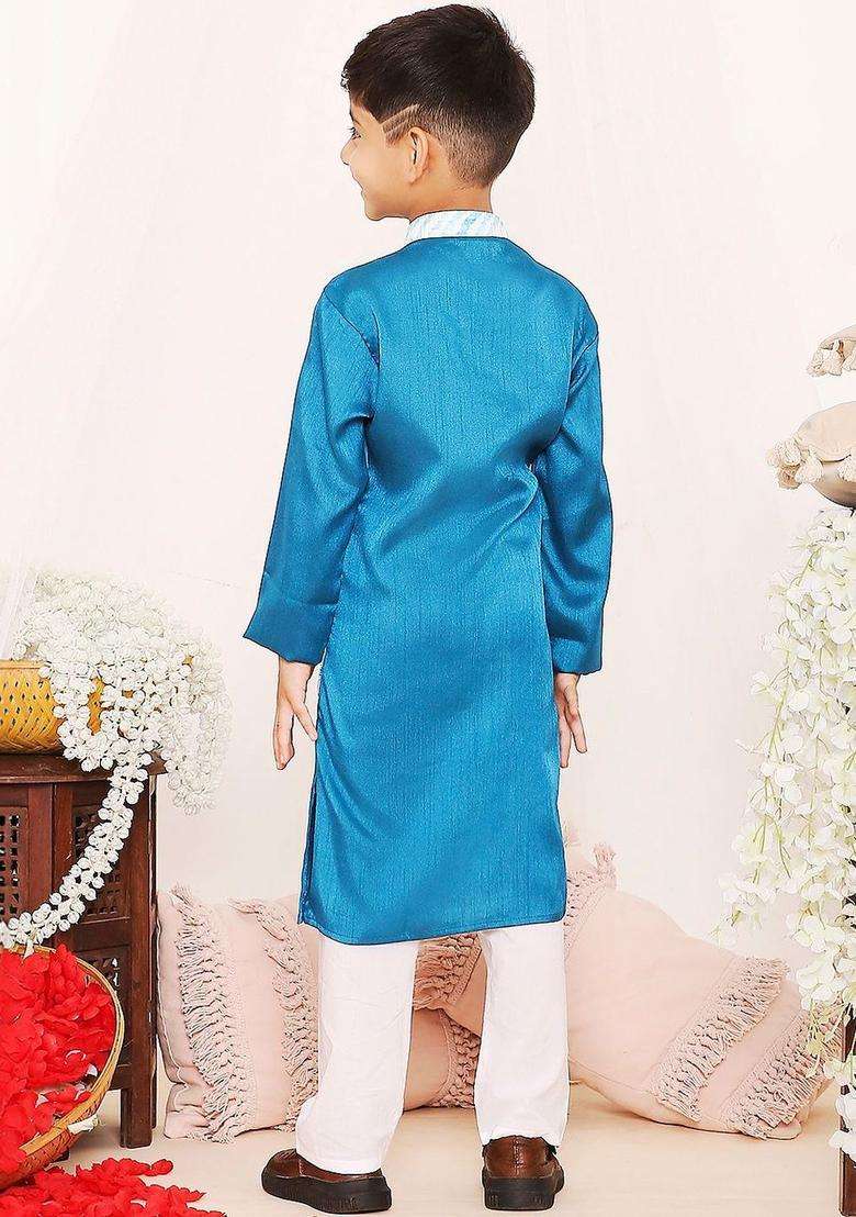 Blue Woven Design Silk Kurta Set For Boys - Indya