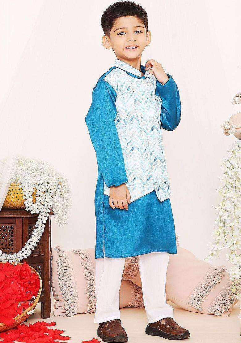 Blue Woven Design Silk Kurta Set For Boys - Indya