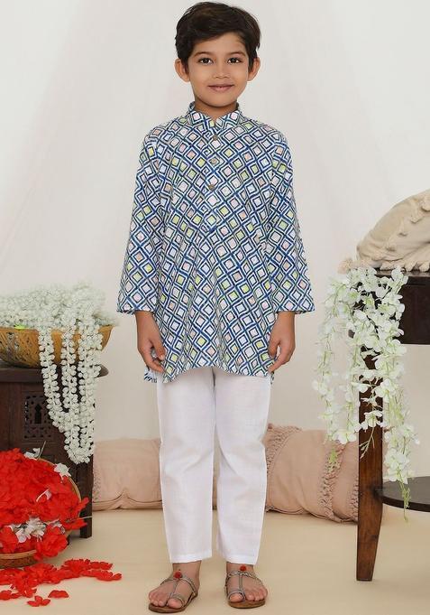 Blue Printed Cotton Kurta Set For Boys — view on Indya