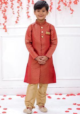 Red Woven Design Silk Kurta Set For Boys