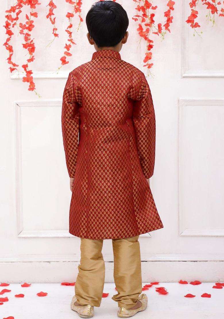 Red Woven Design Silk Kurta Set For Boys - Indya