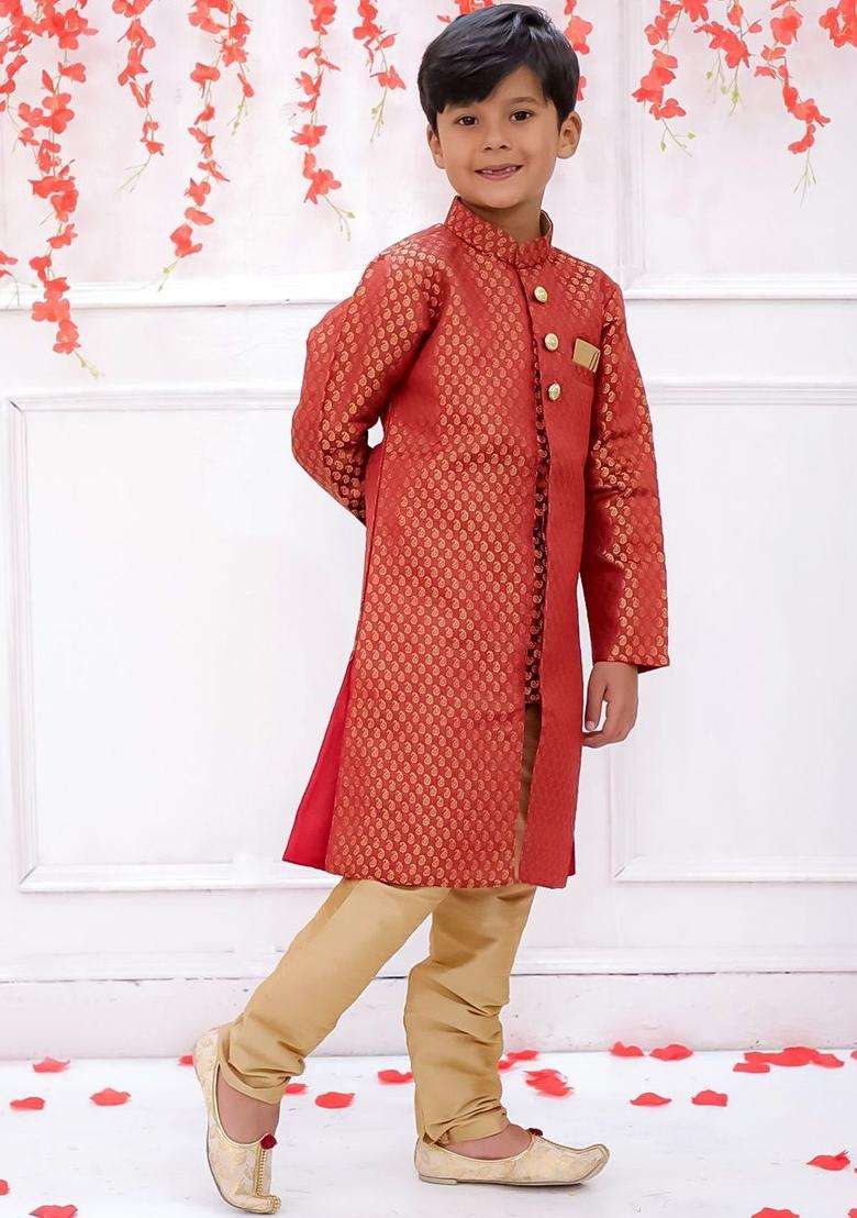 Red Woven Design Silk Kurta Set For Boys - Indya