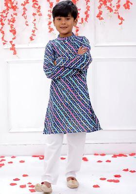 Navy Blue Printed Cotton Kurta Set For Boys