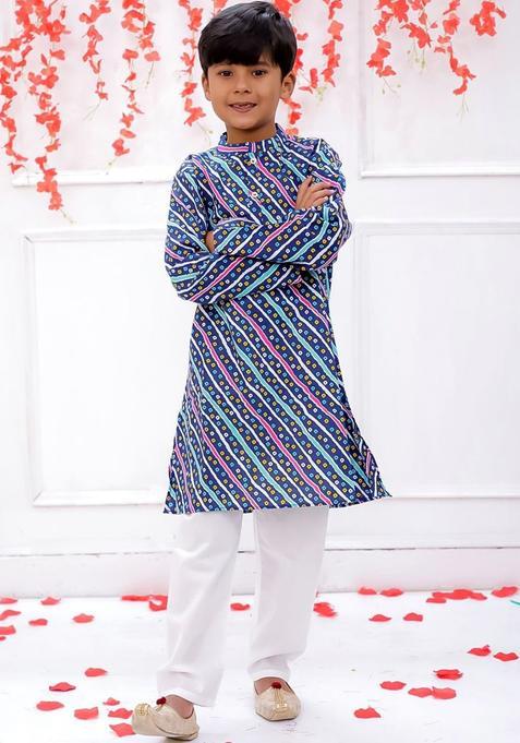 Navy Blue Printed Cotton Kurta Set For Boys — view on Indya