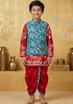 Red Printed Silk Kurta Set For Boys