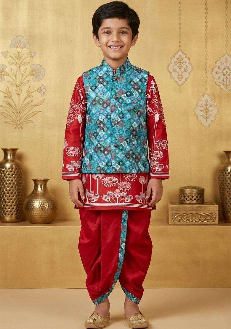 Red Printed Silk Kurta Set For Boys - Indya