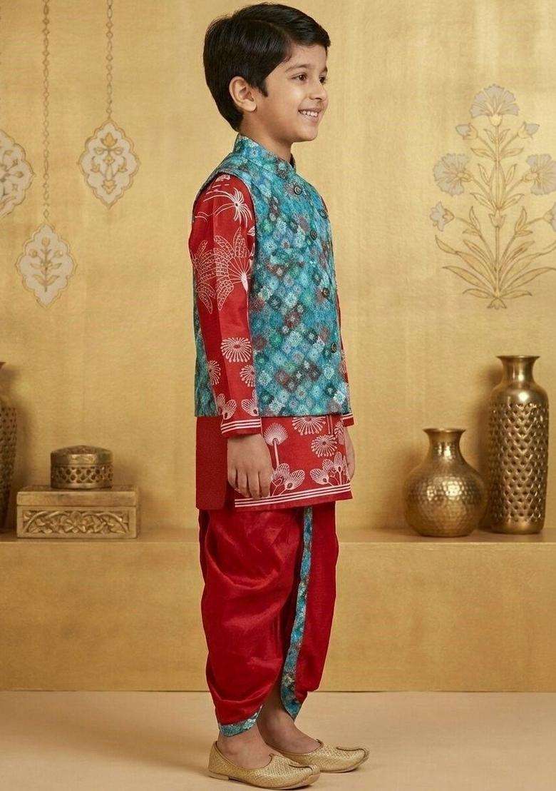 Red Printed Silk Kurta Set For Boys - Indya