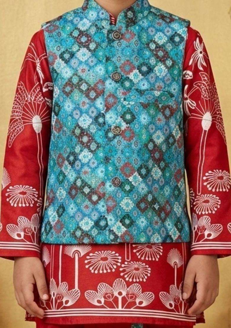 Red Printed Silk Kurta Set For Boys - Indya