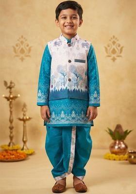 Teal Printed Silk Kurta Set For Boys