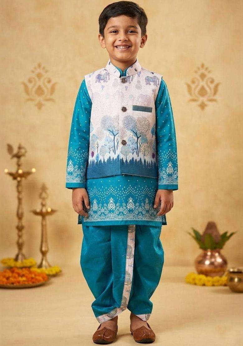 Teal Printed Silk Kurta Set For Boys - Indya