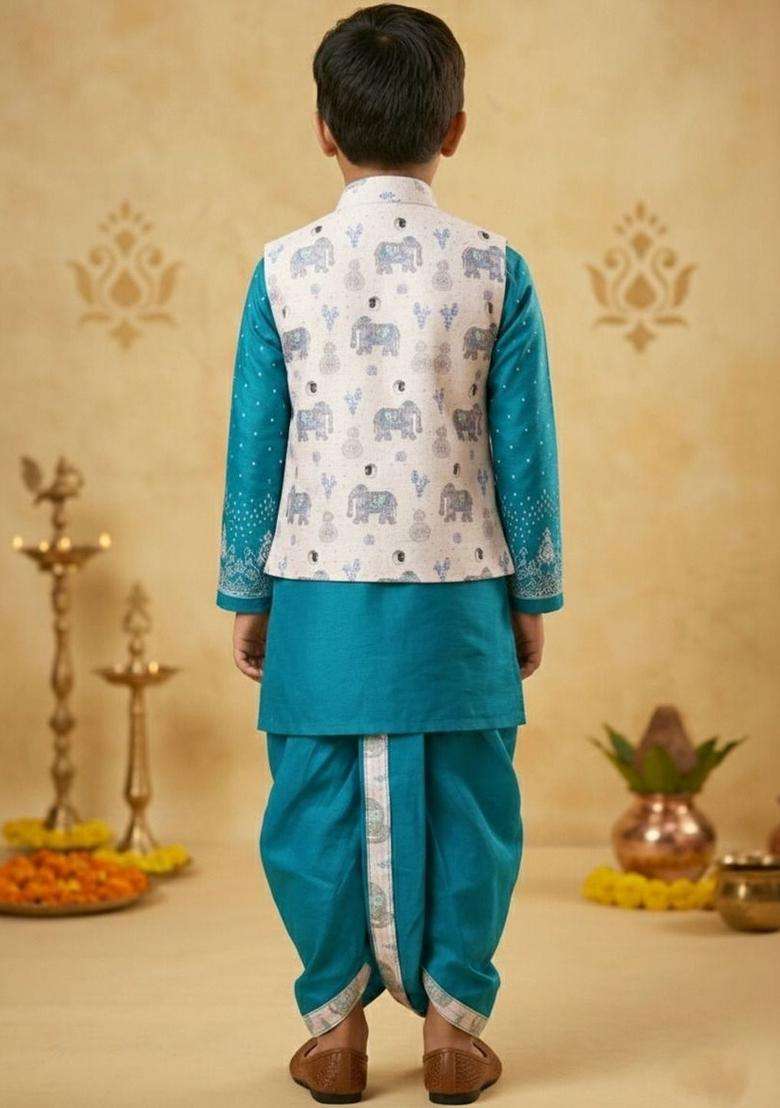 Teal Printed Silk Kurta Set For Boys - Indya