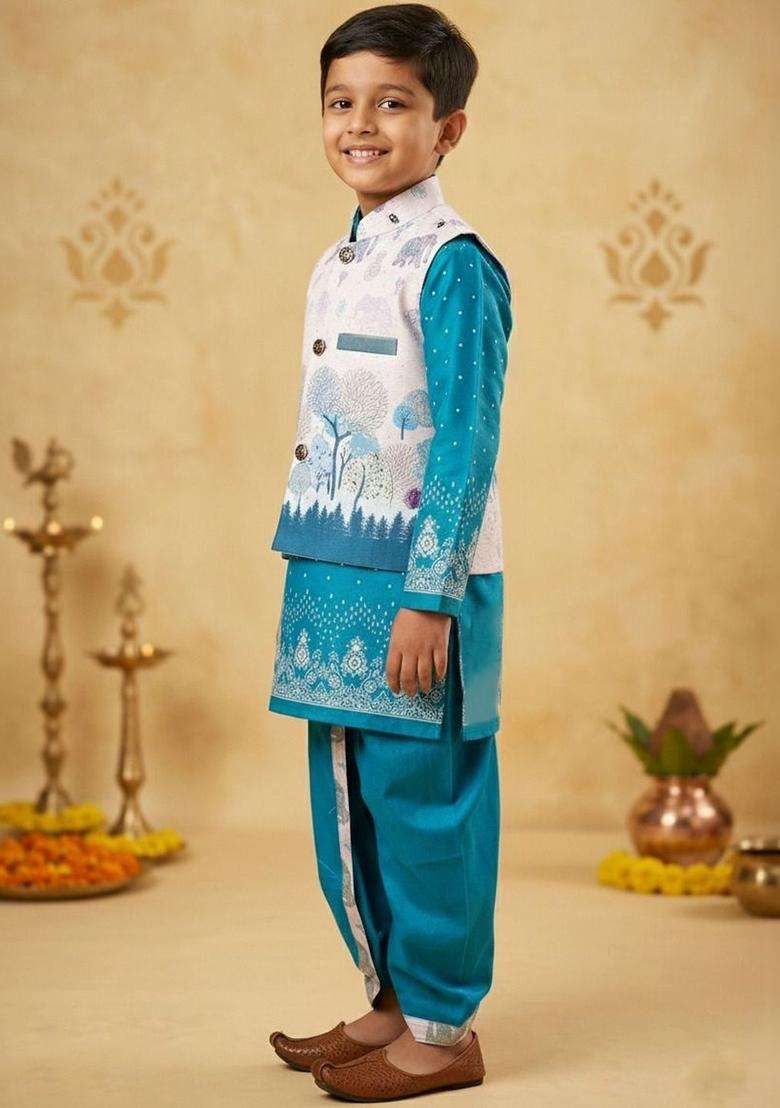 Teal Printed Silk Kurta Set For Boys - Indya