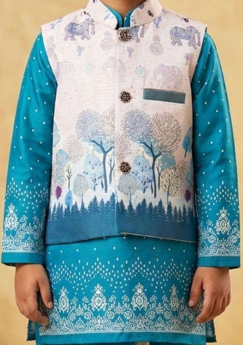 Teal Printed Silk Kurta Set For Boys - Indya