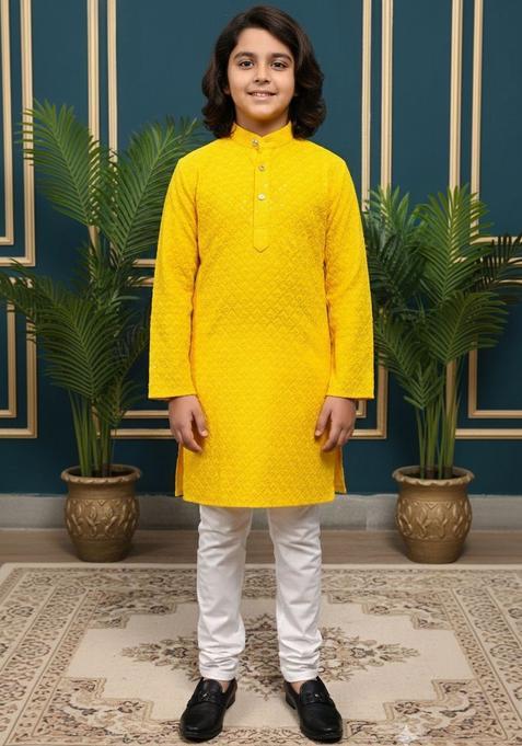 Yellow Self Design Cotton Kurta Set For Boys — view on Indya