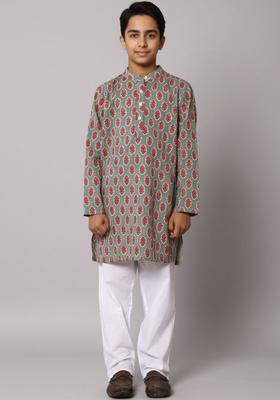 Grey Printed Cotton Kurta Set For Boys