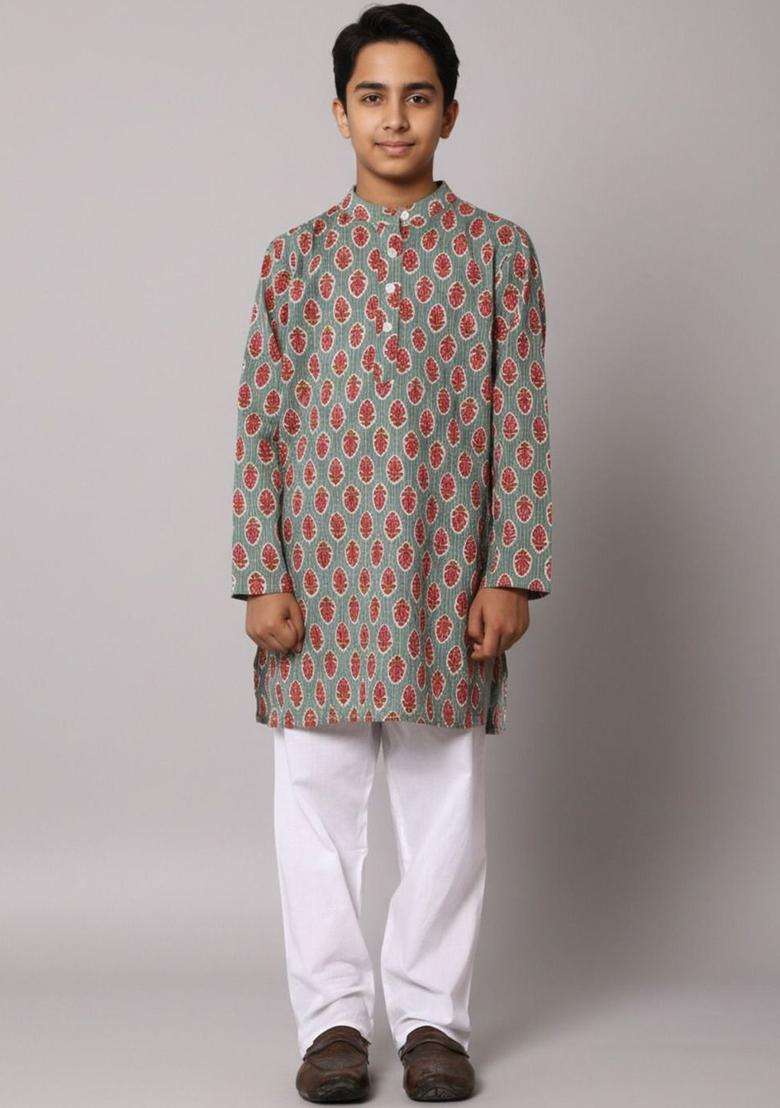 Grey Printed Cotton Kurta Set For Boys - Indya