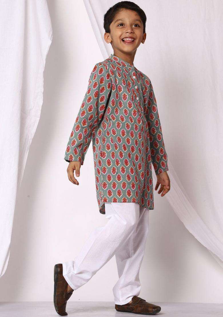 Grey Printed Cotton Kurta Set For Boys - Indya