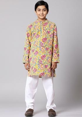 Grey Printed Cotton Kurta Set For Boys