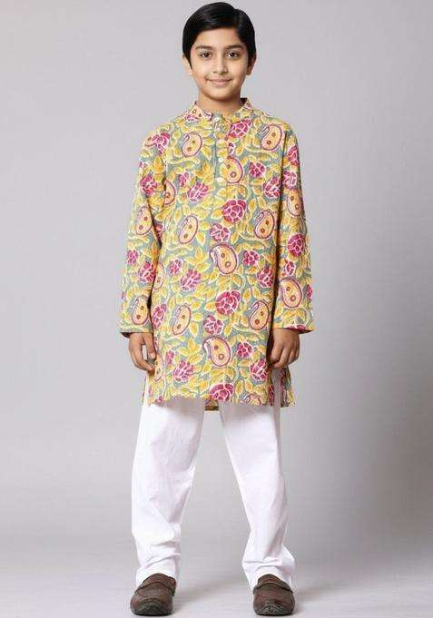Grey Printed Cotton Kurta Set For Boys