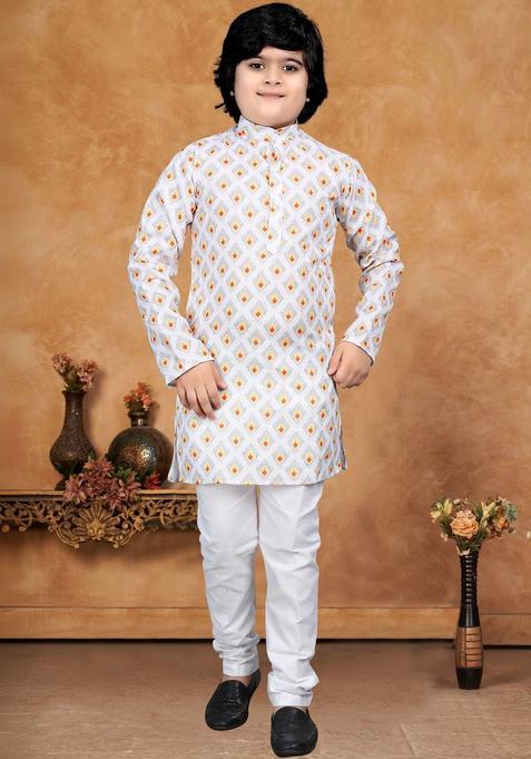 White Printed Cotton Kurta Set For Boys — view on Indya