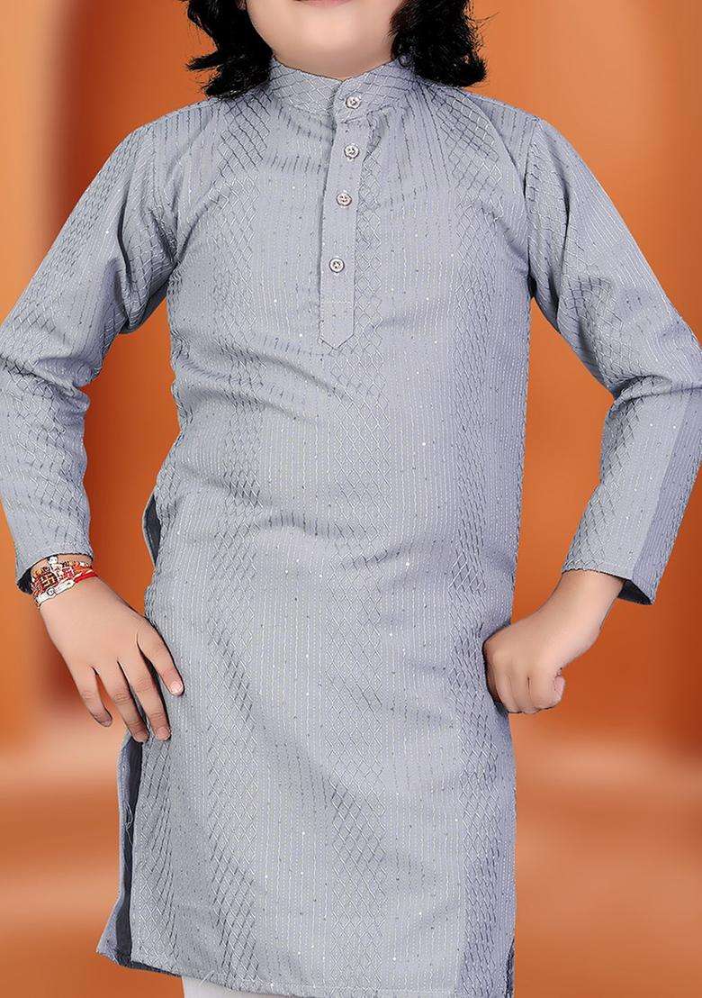 Grey Self Design Viscose Kurta Set For Boys - Indya