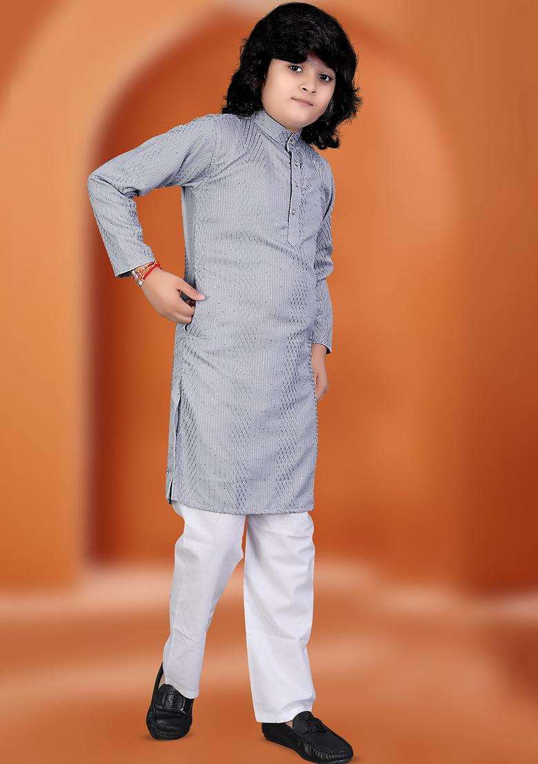 Grey Self Design Viscose Kurta Set For Boys - Indya