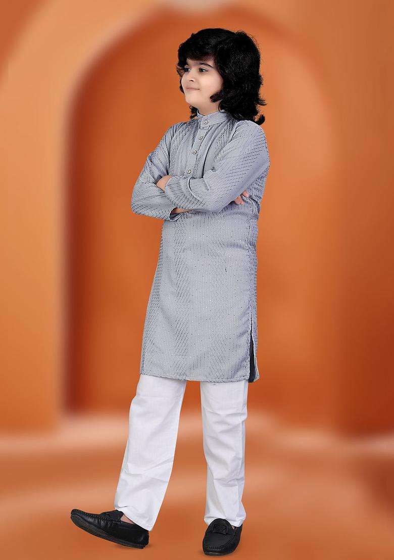 Grey Self Design Viscose Kurta Set For Boys - Indya