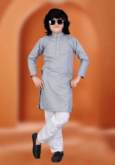 Grey Self Design Viscose Kurta Set For Boys