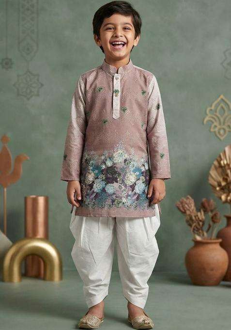 Brown Printed Cotton Kurta Set For Boys