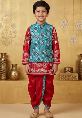 Red Printed Silk Kurta Set For Boys