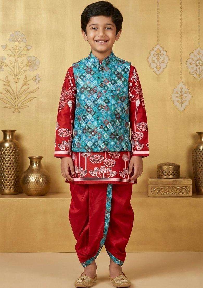 Red Printed Silk Kurta Set For Boys - Indya