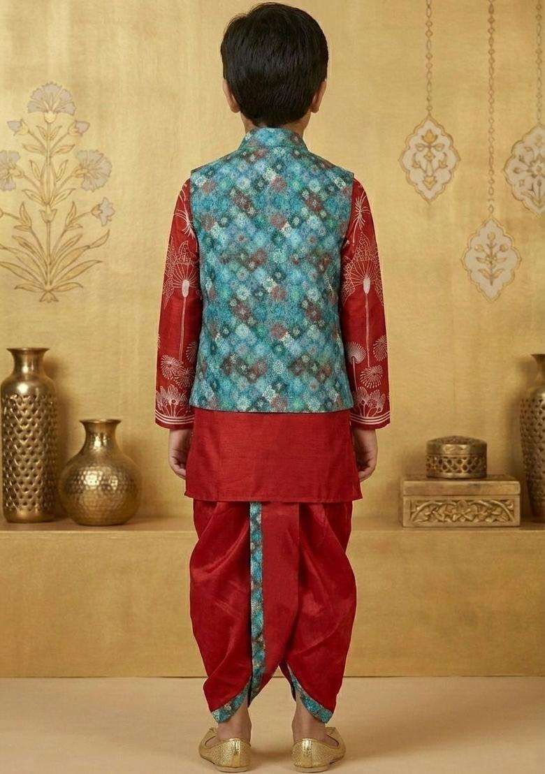 Red Printed Silk Kurta Set For Boys - Indya