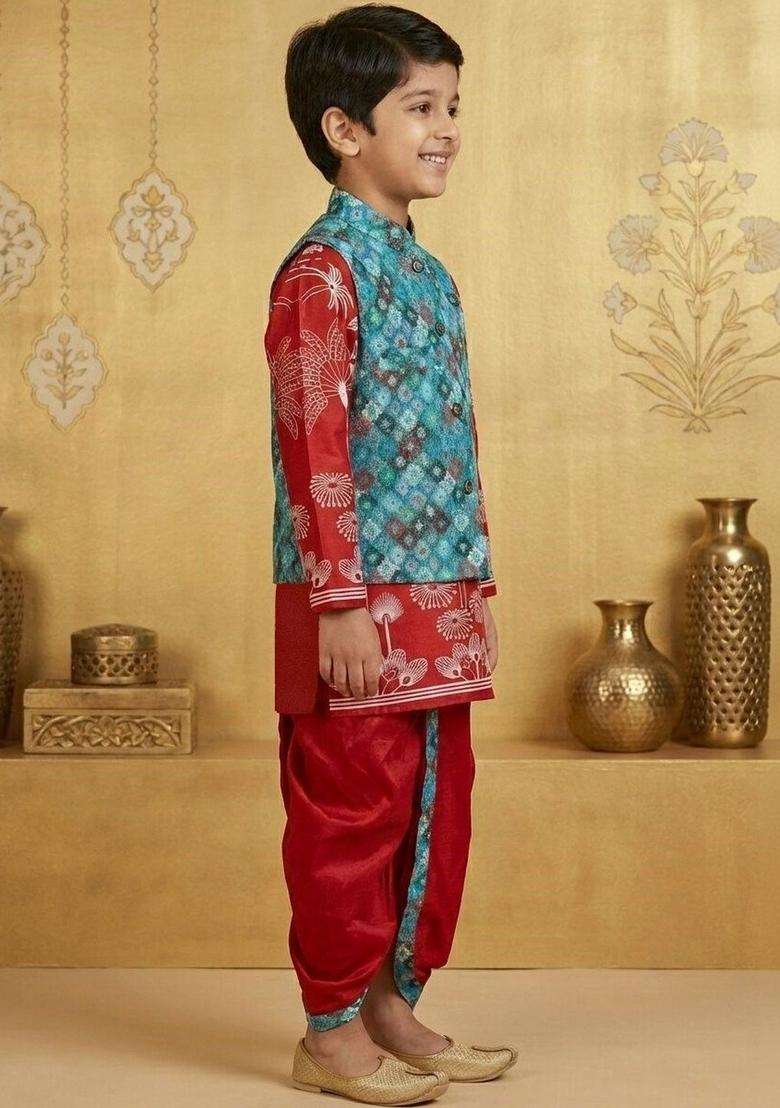 Red Printed Silk Kurta Set For Boys - Indya