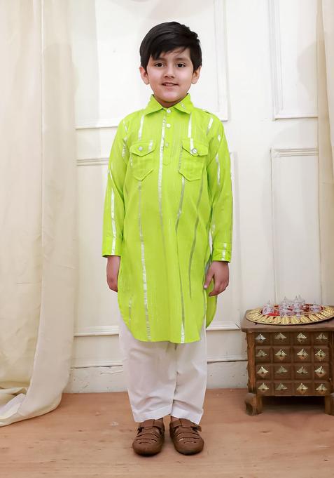 Lime Green Striped Cotton Kurta Set For Boys — view on Indya