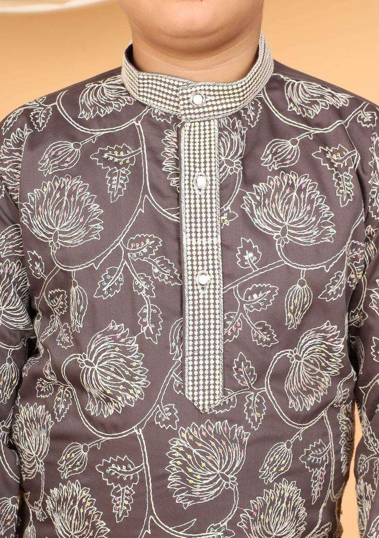 Charcoal Embroidered Viscose Kurta Set For Boys - Indya