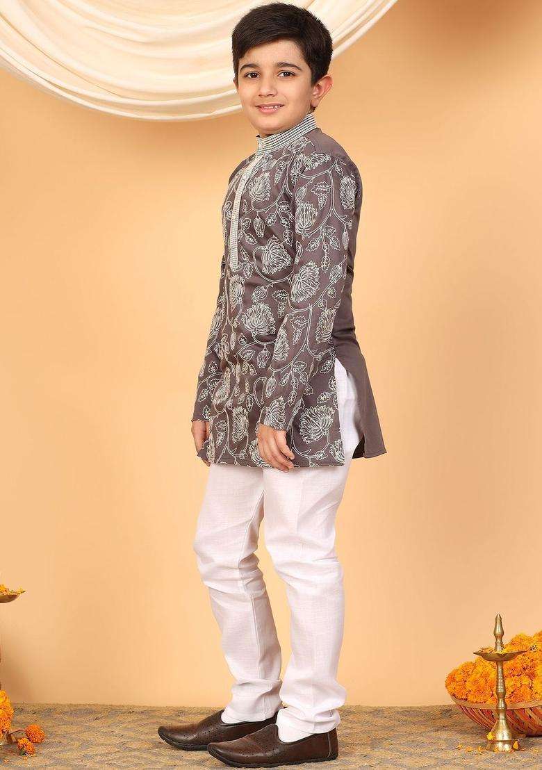 Charcoal Embroidered Viscose Kurta Set For Boys - Indya