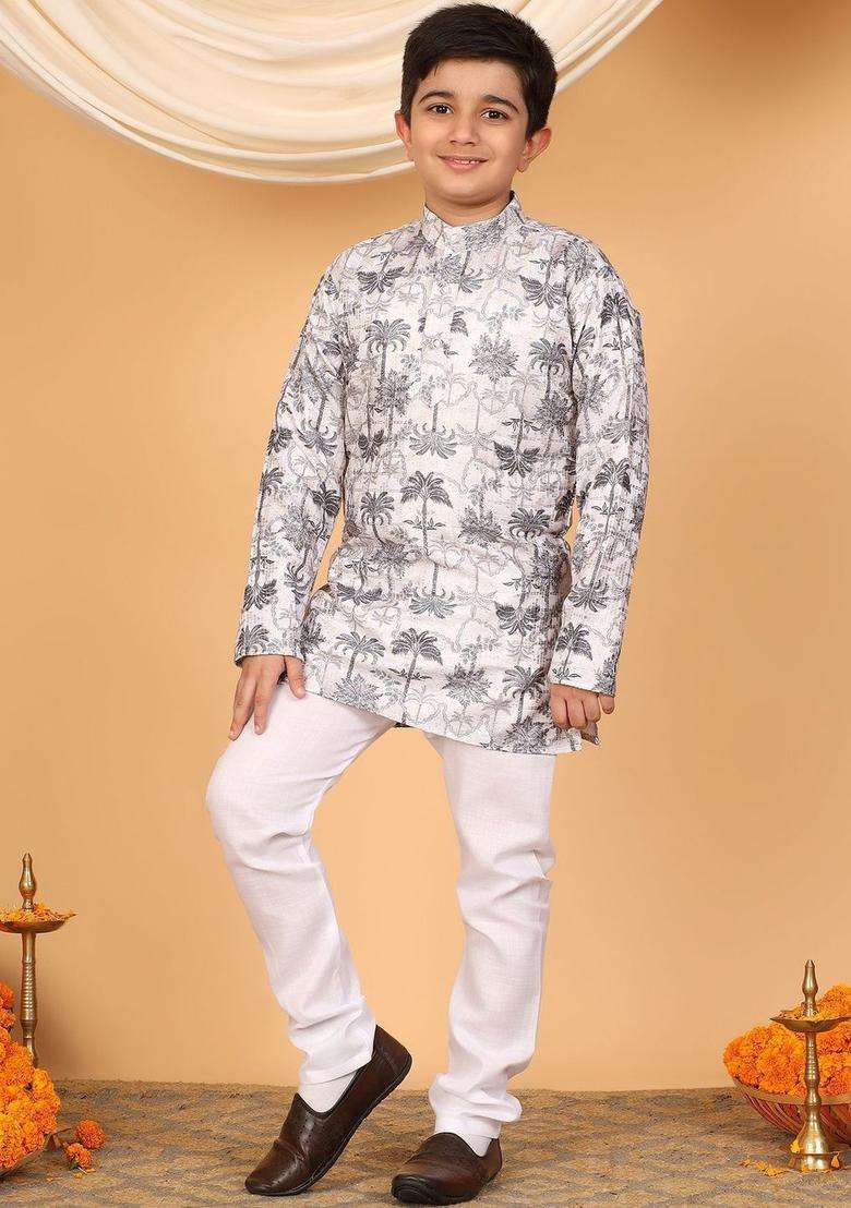 Off White Embroidered Viscose Kurta Set For Boys - Indya