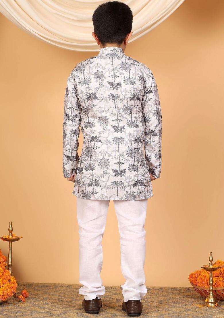 Off White Embroidered Viscose Kurta Set For Boys - Indya