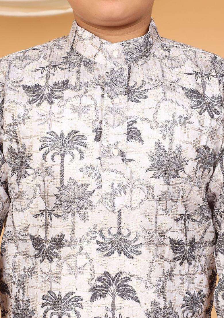 Off White Embroidered Viscose Kurta Set For Boys - Indya
