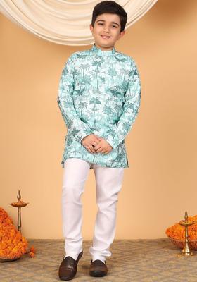 Turquoise Blue Printed Viscose Kurta Set For Boys