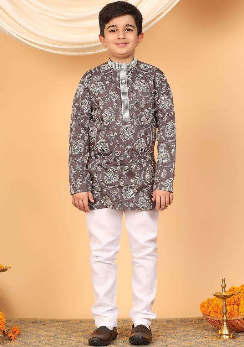Brown Printed Viscose Kurta Set For Boys - Indya