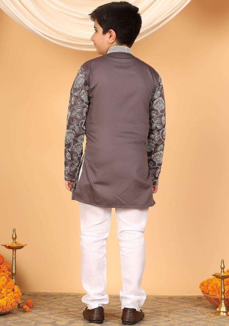 Brown Printed Viscose Kurta Set For Boys - Indya