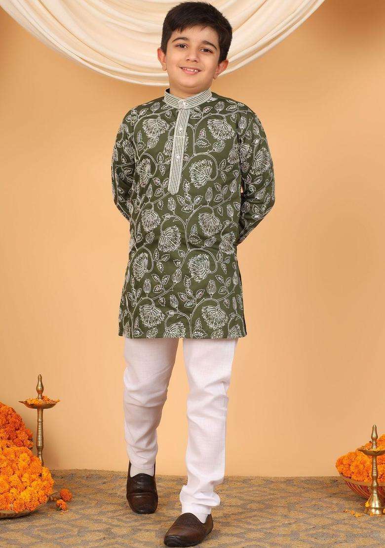 Olive Printed Viscose Kurta Set For Boys - Indya