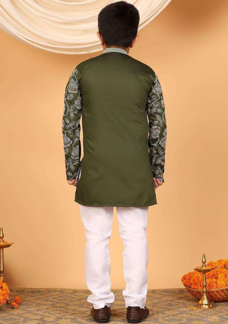 Olive Printed Viscose Kurta Set For Boys - Indya