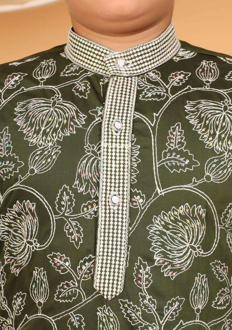 Olive Printed Viscose Kurta Set For Boys - Indya
