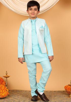 Blue Woven Design Silk Kurta Set For Boys