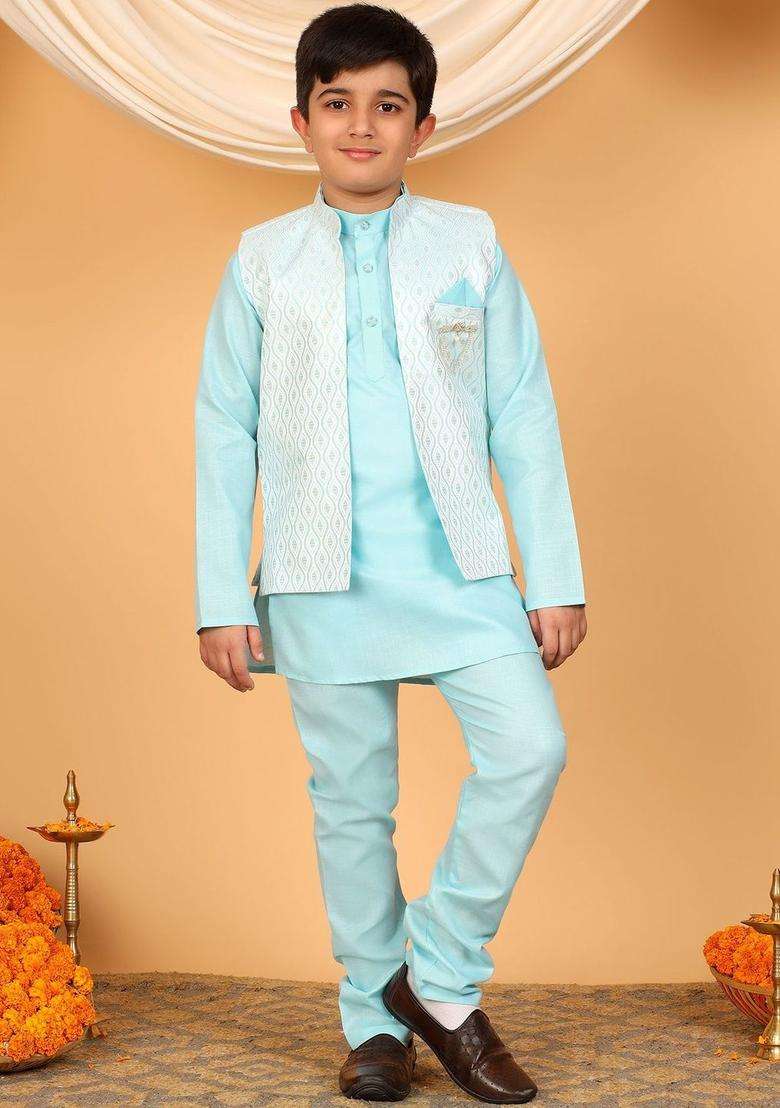 Blue Woven Design Silk Kurta Set For Boys - Indya