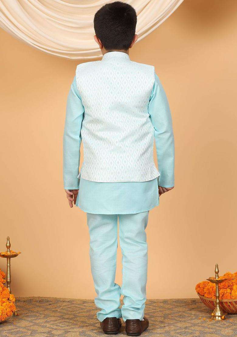 Blue Woven Design Silk Kurta Set For Boys - Indya