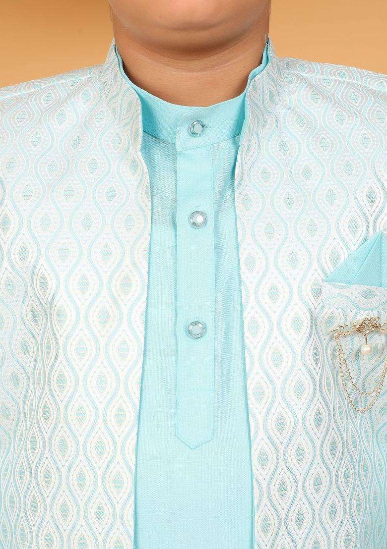 Blue Woven Design Silk Kurta Set For Boys - Indya